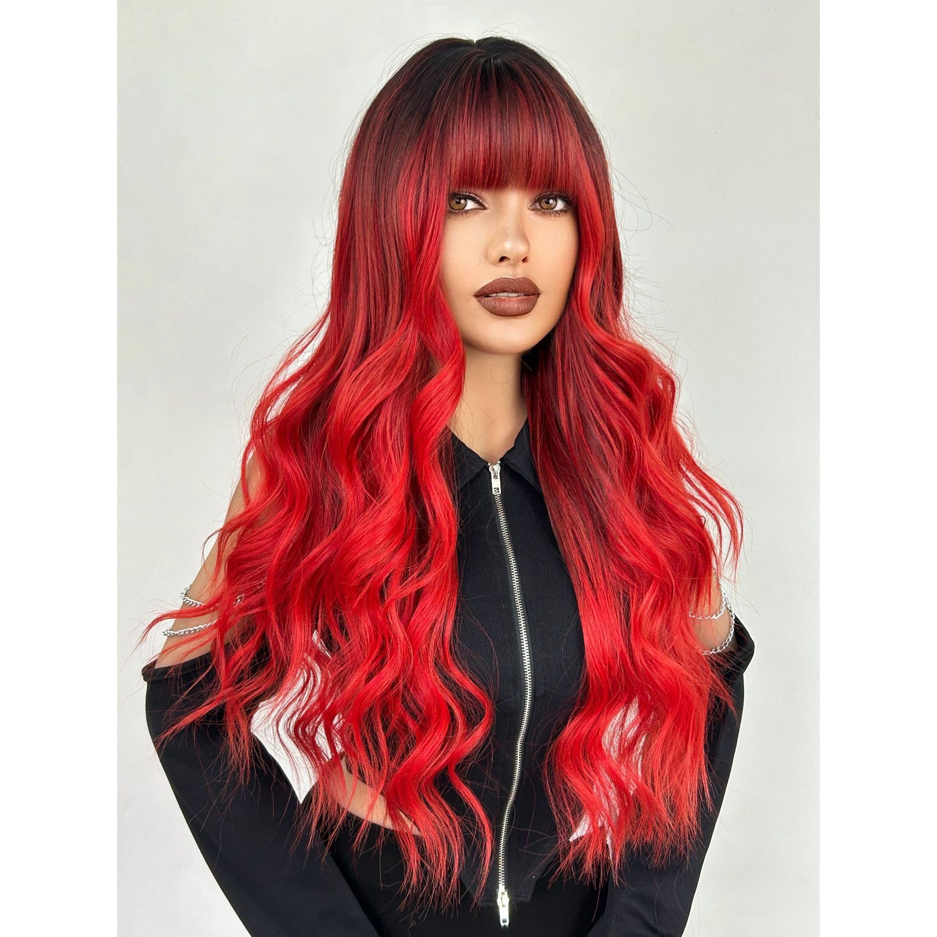 Gradient fringe air long wave curly hair wig