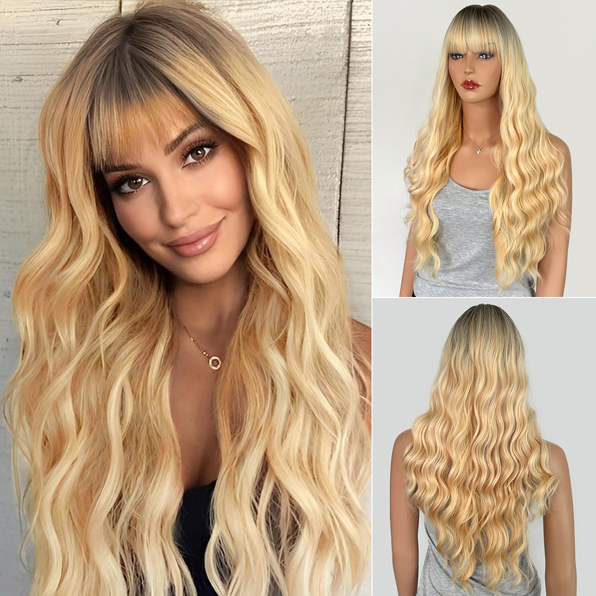 Gradient fringe air long wave curly hair wig