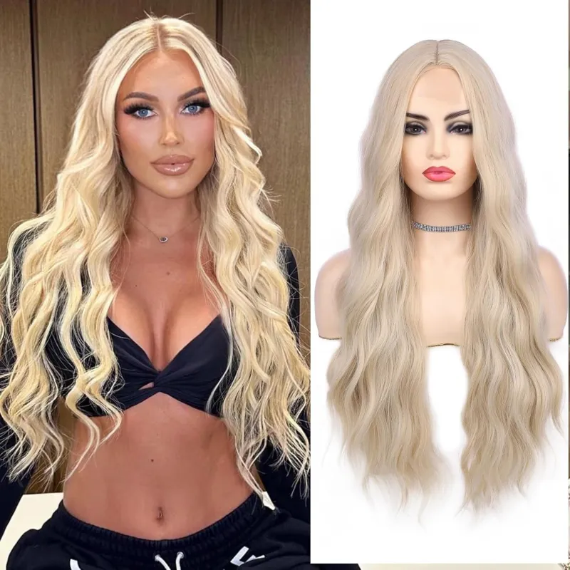 Long gold wavy wig with a natural appearance & gradual curling