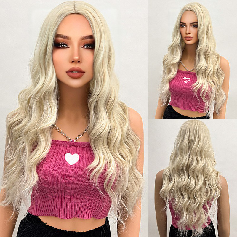 Long gold wavy wig with a natural appearance & gradual curling