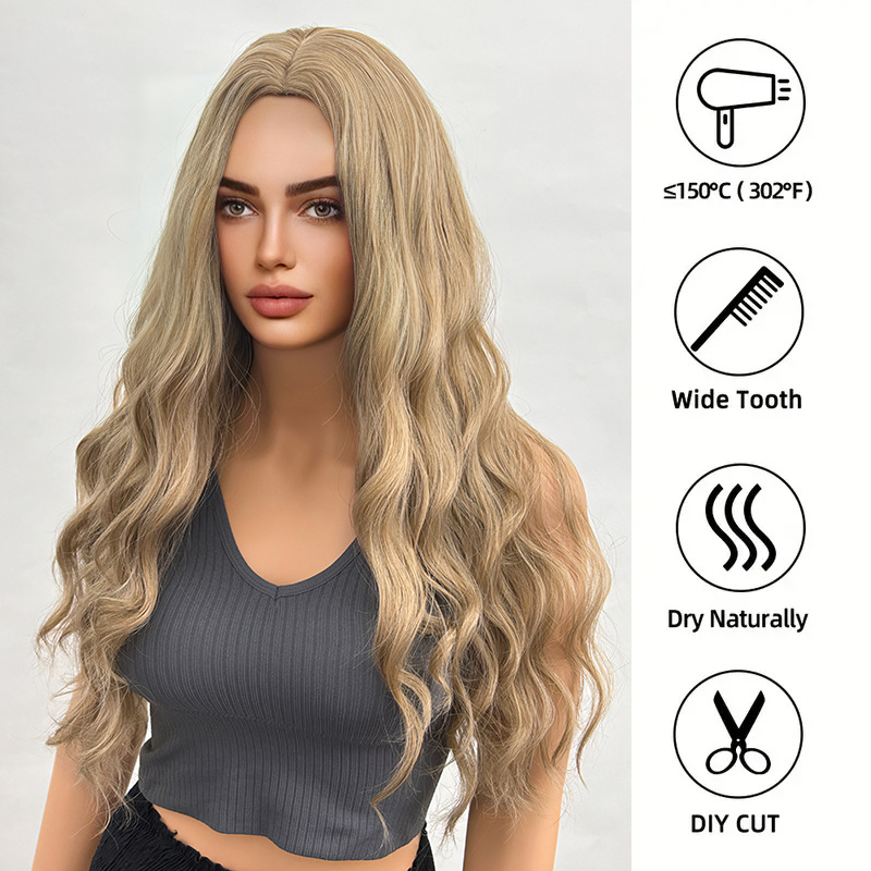 Long gold wavy wig with a natural appearance & gradual curling