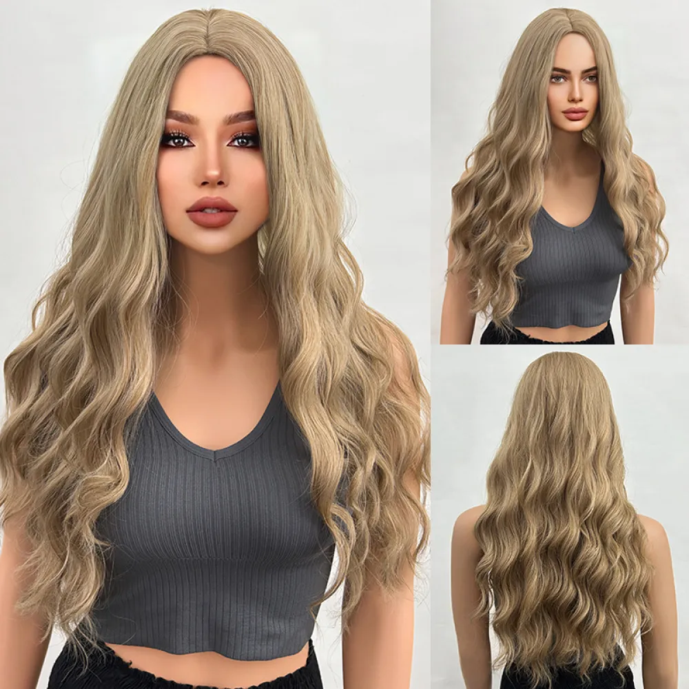 Long gold wavy wig with a natural appearance & gradual curling
