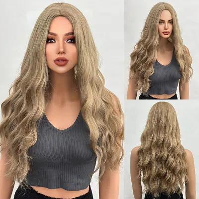 Long gold wavy wig with a natural appearance & gradual curling 01