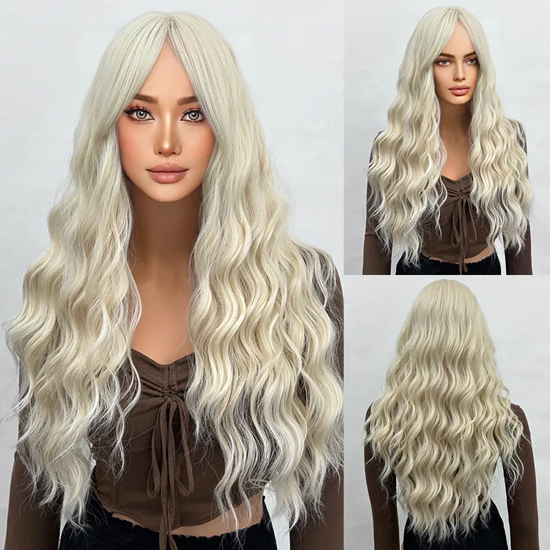 Long gold wavy wig with a natural appearance & gradual curling