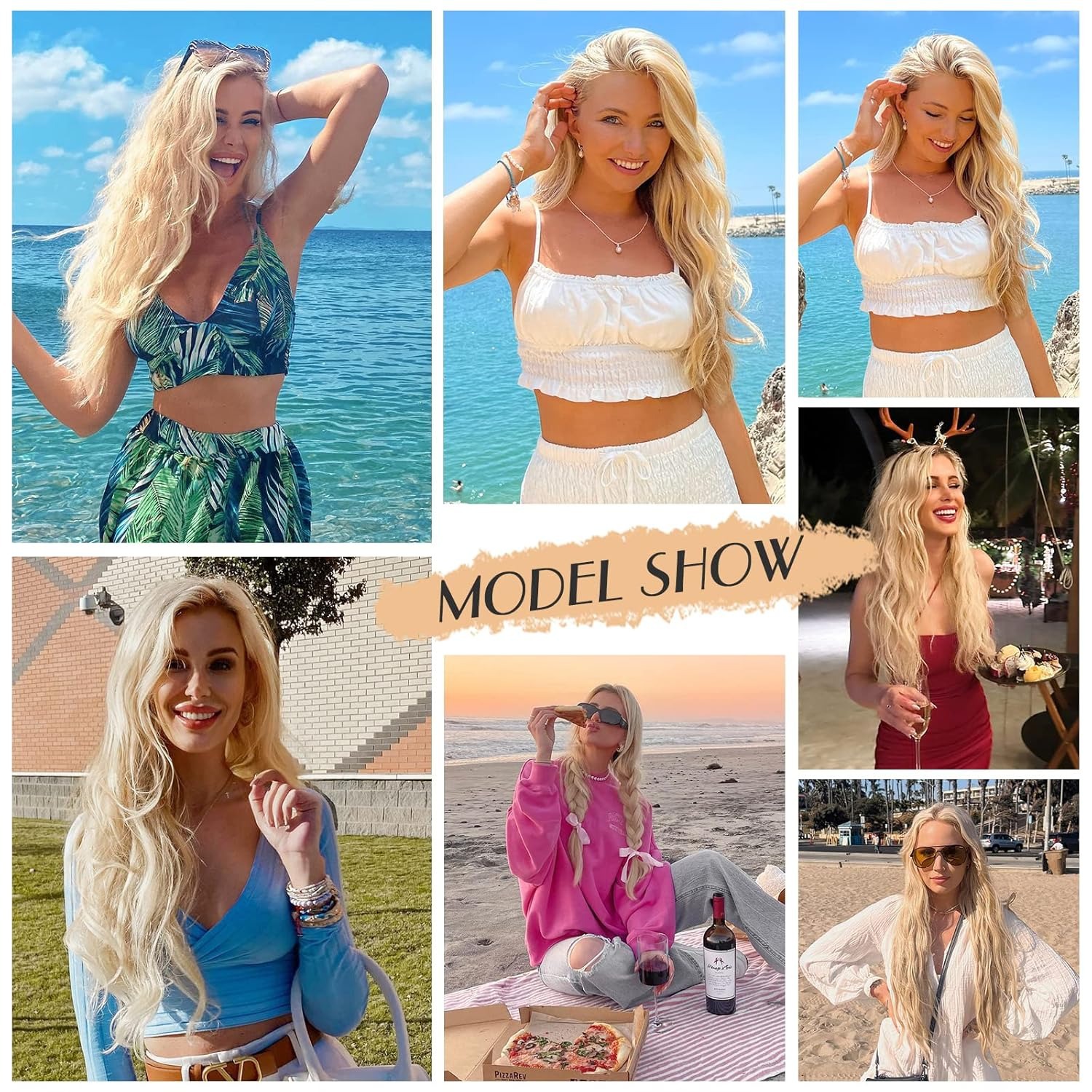 Long gold wavy wig with a natural appearance & gradual curling