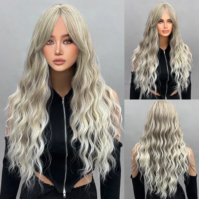 Long gold wavy wig with a natural appearance & gradual curling