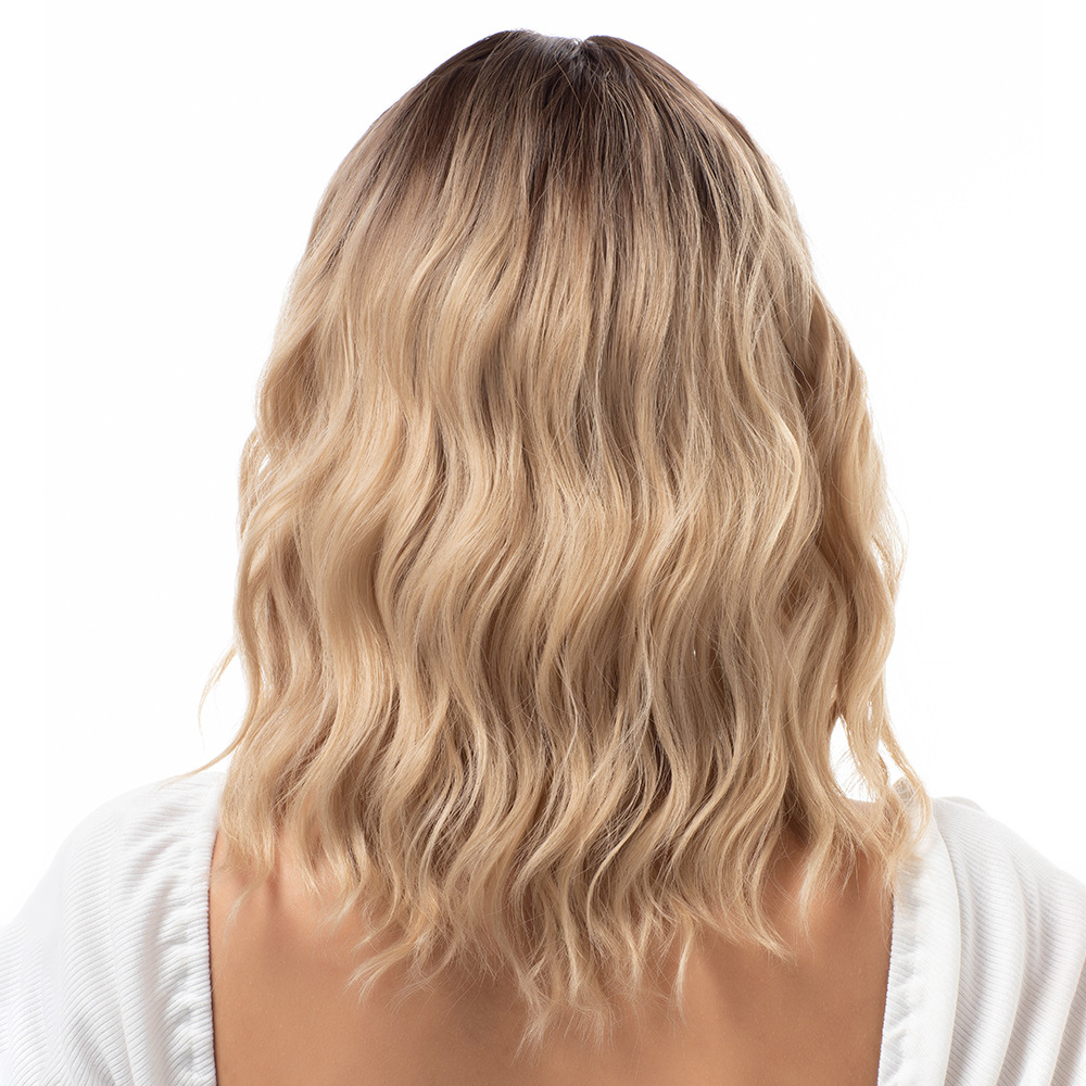 Long wave curly golden wig with bangs