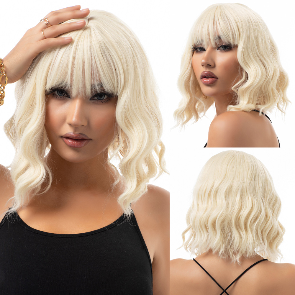 Long wave curly golden wig with bangs