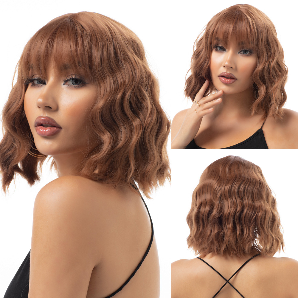 Long wave curly golden wig with bangs