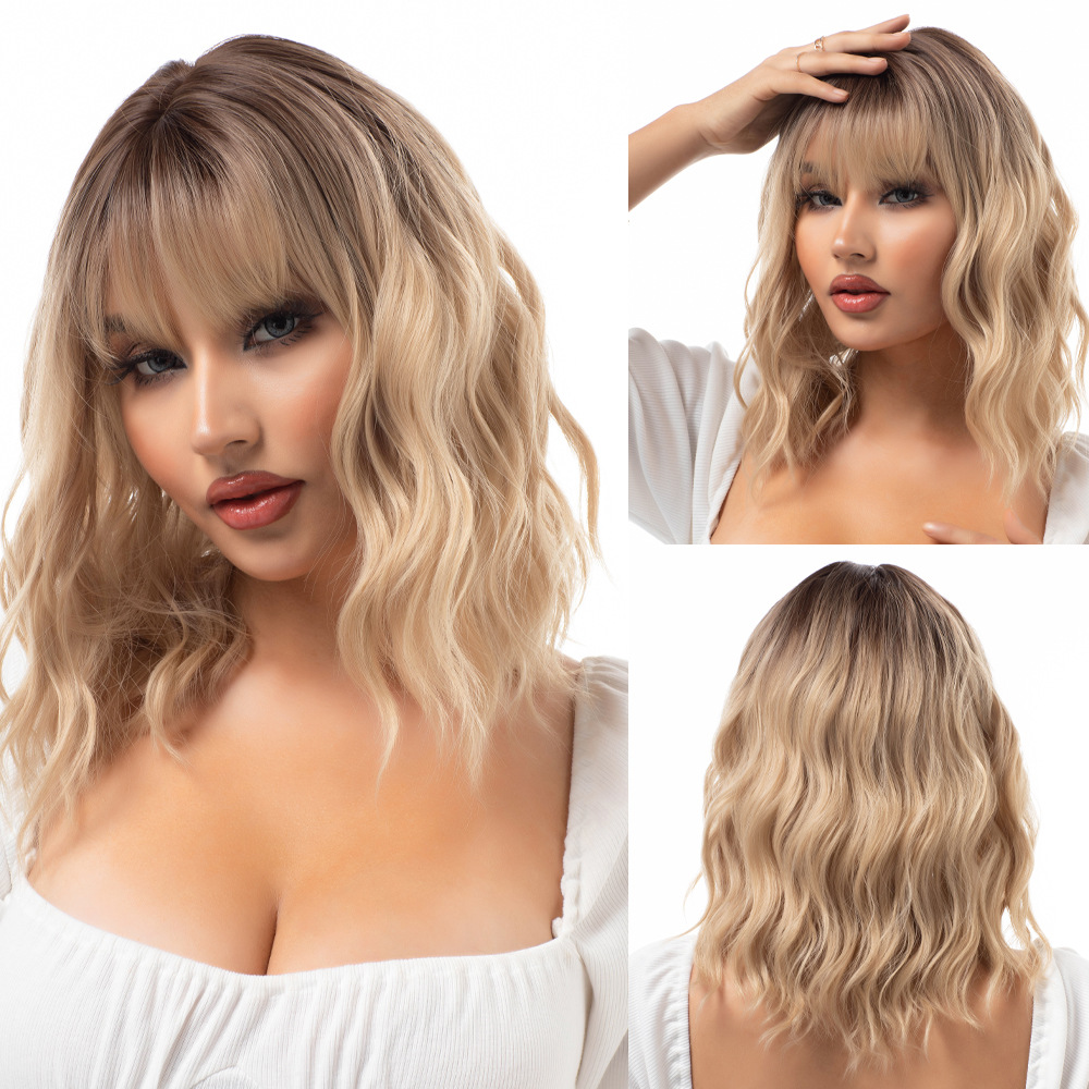 Long wave curly golden wig with bangs