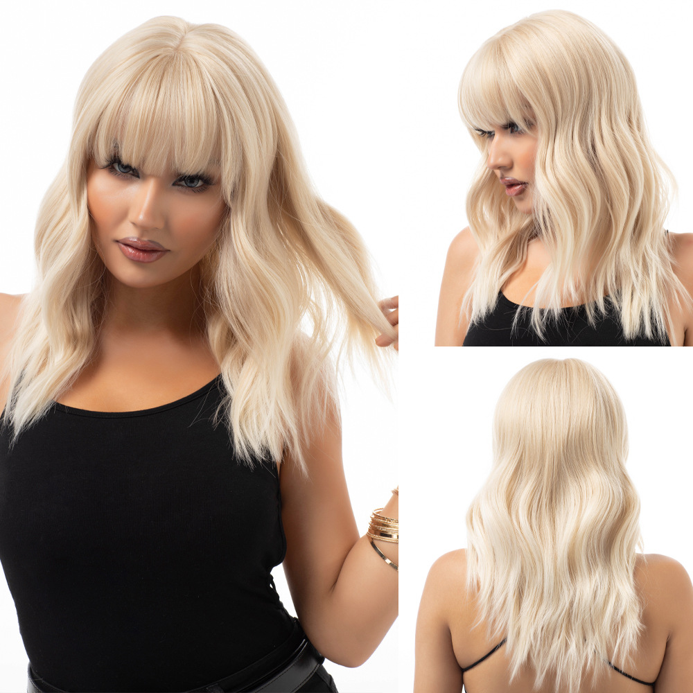 Long wave curly golden wig with bangs