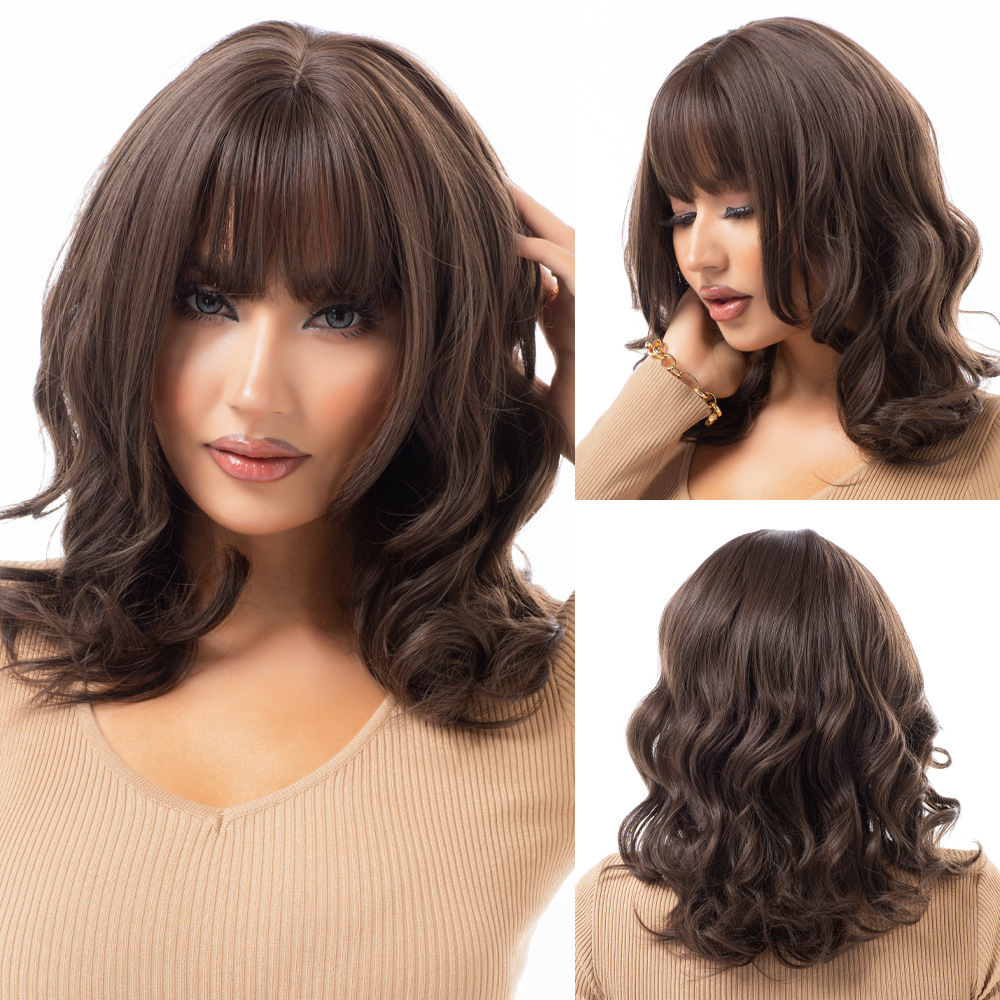 Long wave curly golden wig with bangs