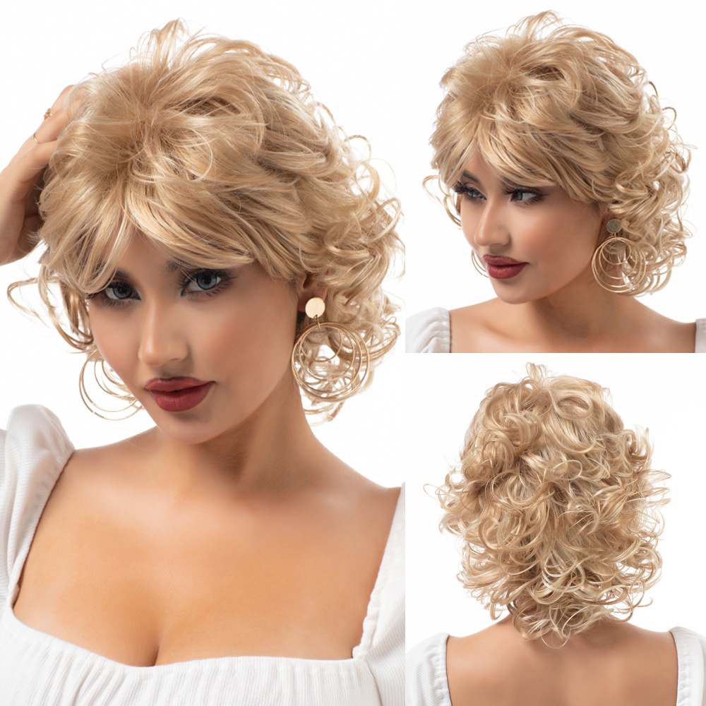 Long wave curly golden wig with bangs
