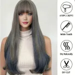 Wig blue wood gray with bangs, long curly hair
