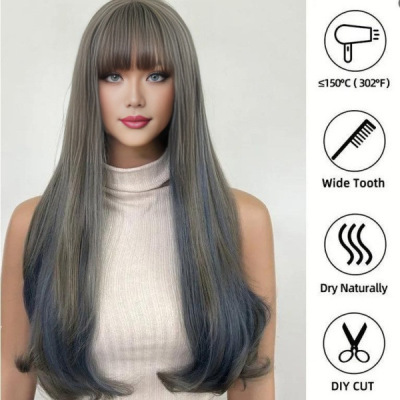 Wig blue wood gray with bangs, long curly hair 02
