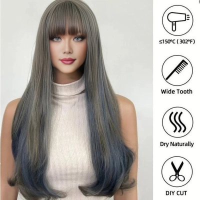Wig blue wood gray with bangs, long curly hair 02