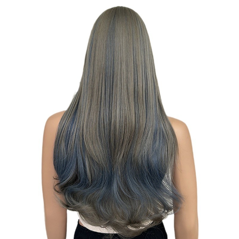 Wig blue wood gray with bangs, long curly hair