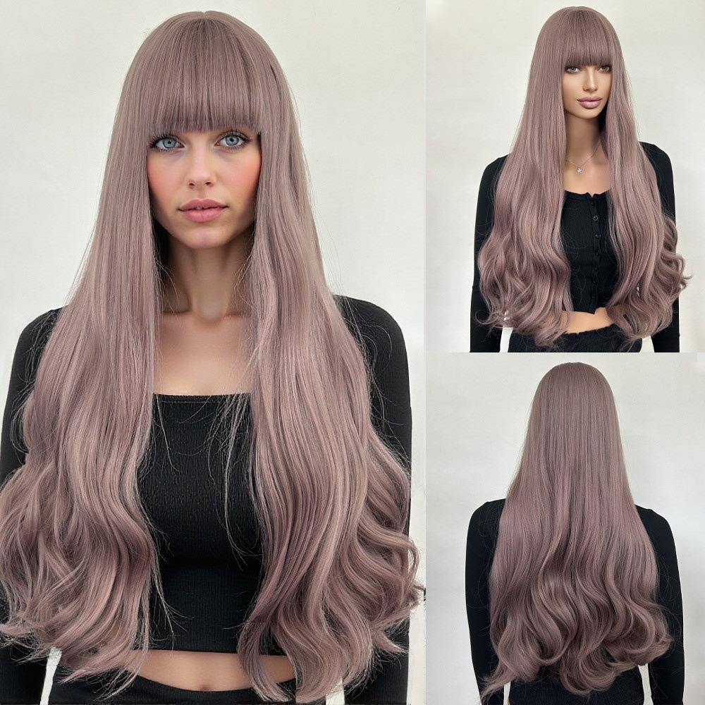 Wig blue wood gray with bangs, long curly hair