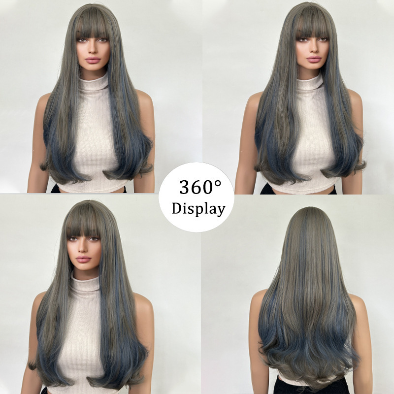 Wig blue wood gray with bangs, long curly hair