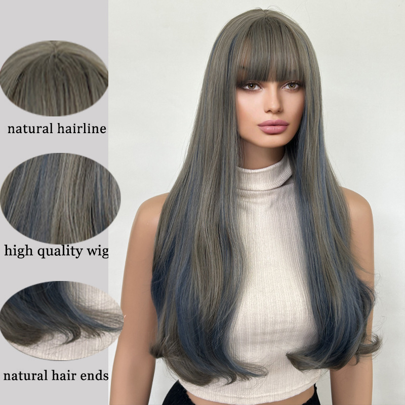 Wig blue wood gray with bangs, long curly hair