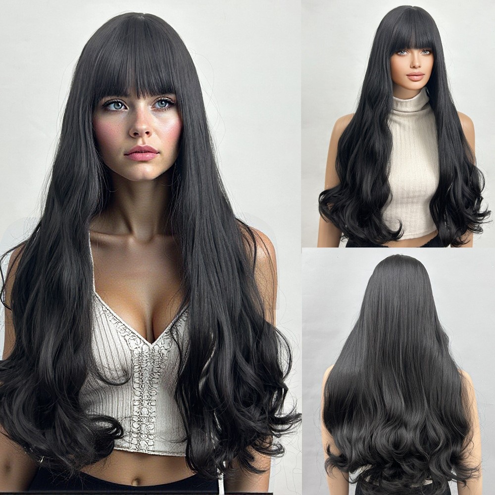Wig blue wood gray with bangs, long curly hair