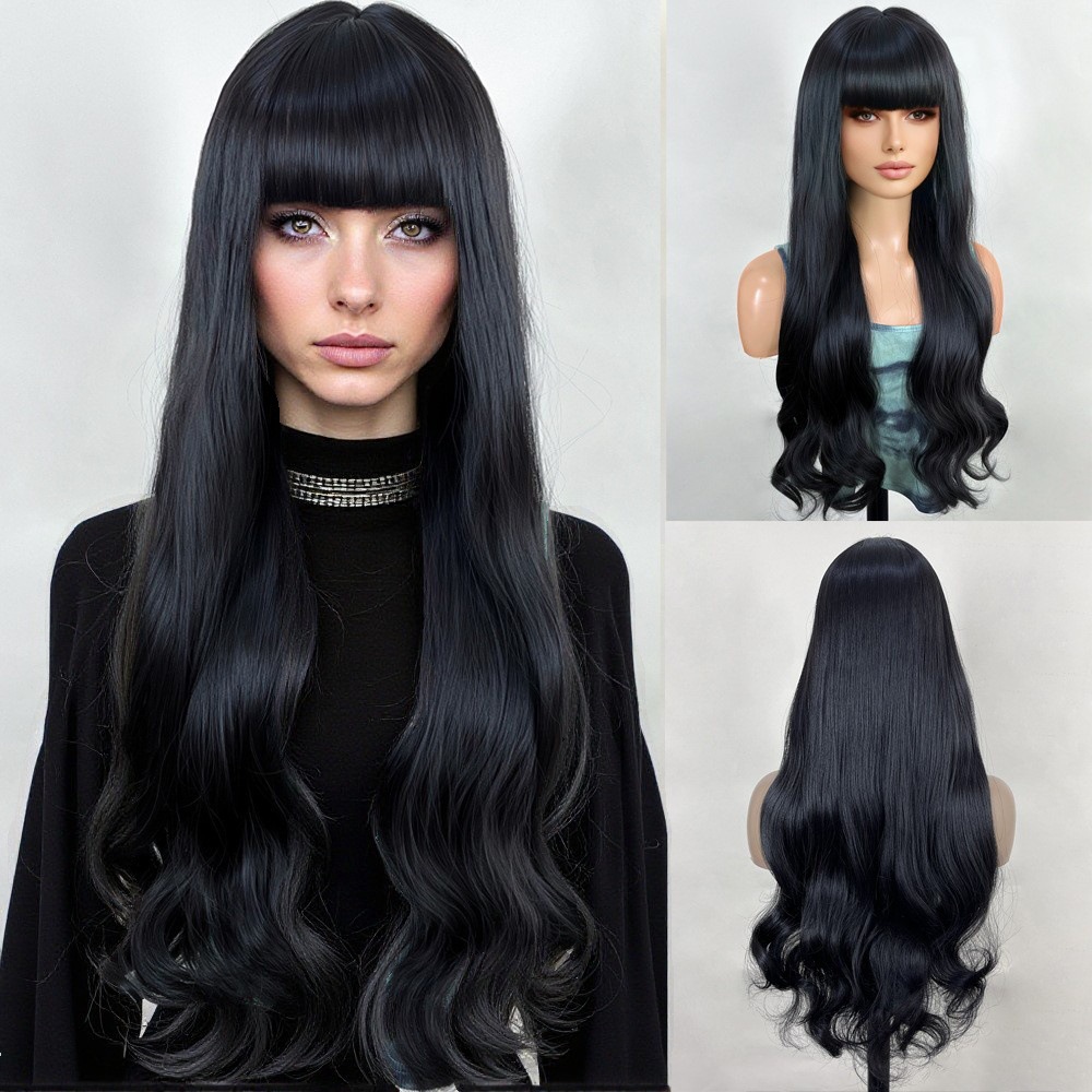 Wig blue wood gray with bangs, long curly hair