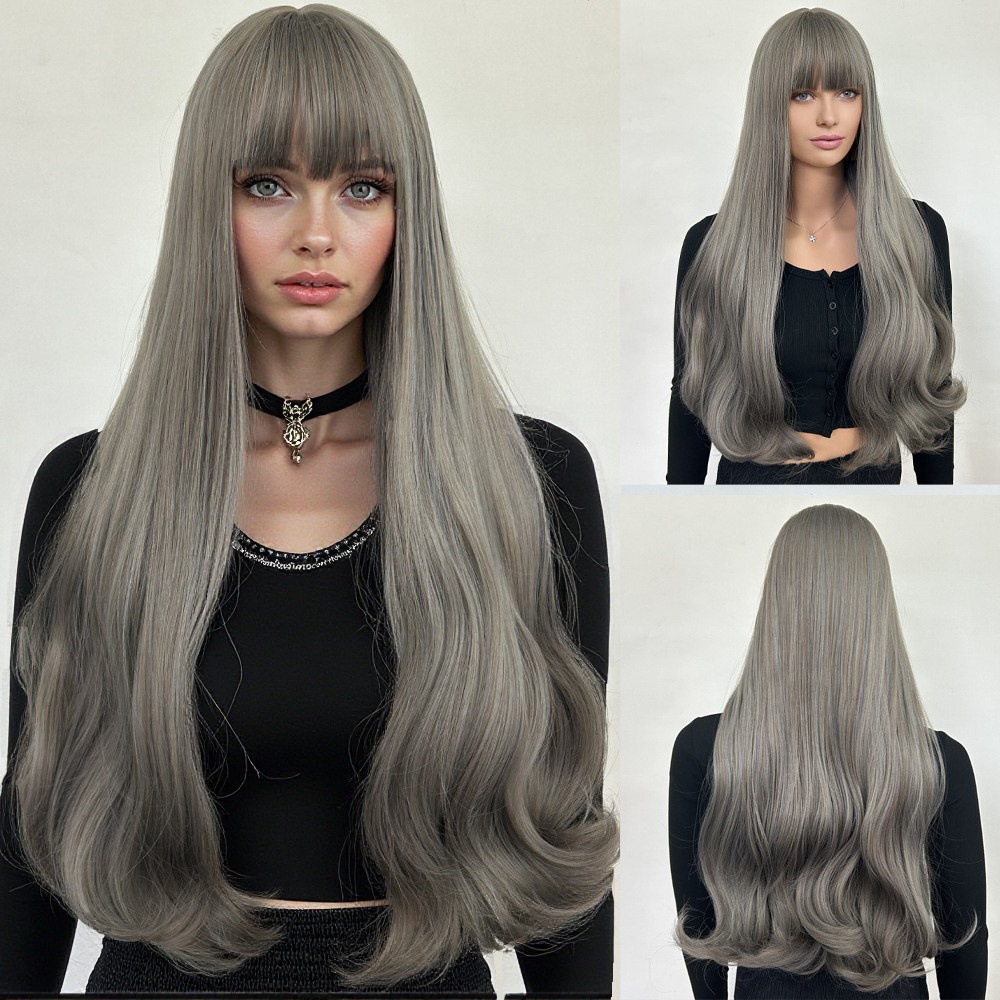 Wig blue wood gray with bangs, long curly hair