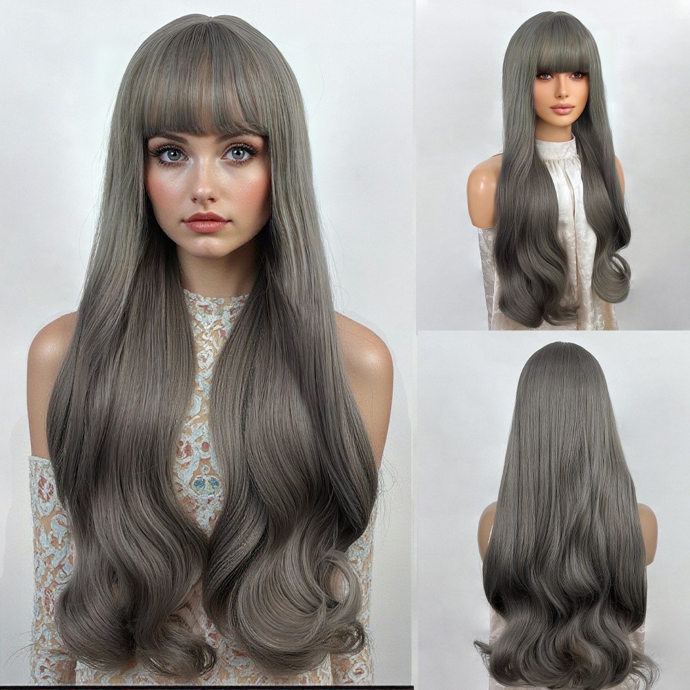 Wig blue wood gray with bangs, long curly hair