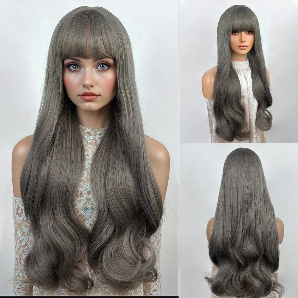 Wig blue wood gray with bangs, long curly hair