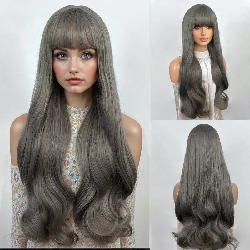 Wig blue wood gray with bangs, long curly hair