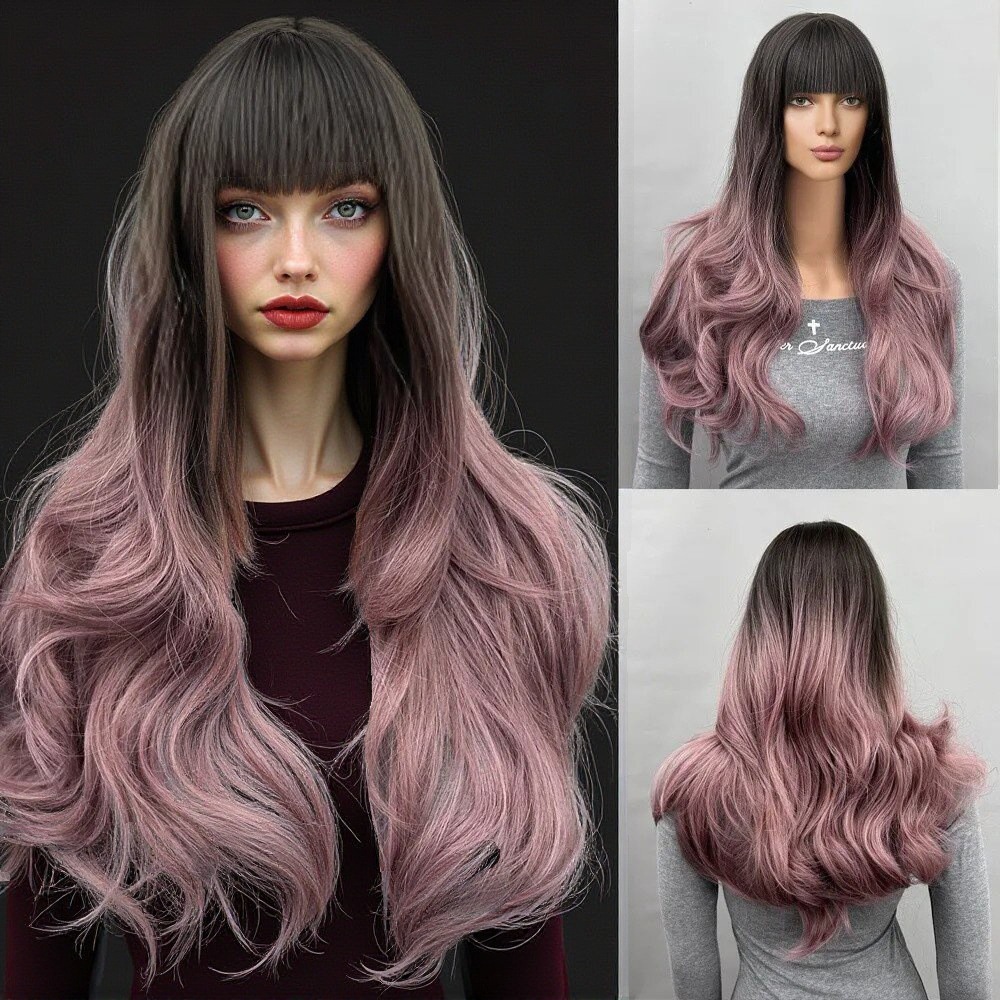 Wig blue wood gray with bangs, long curly hair