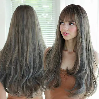 Wig blue wood gray with bangs, long curly hair 01