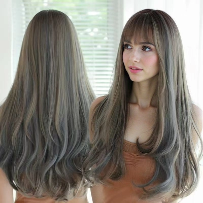 Wig blue wood gray with bangs, long curly hair 01