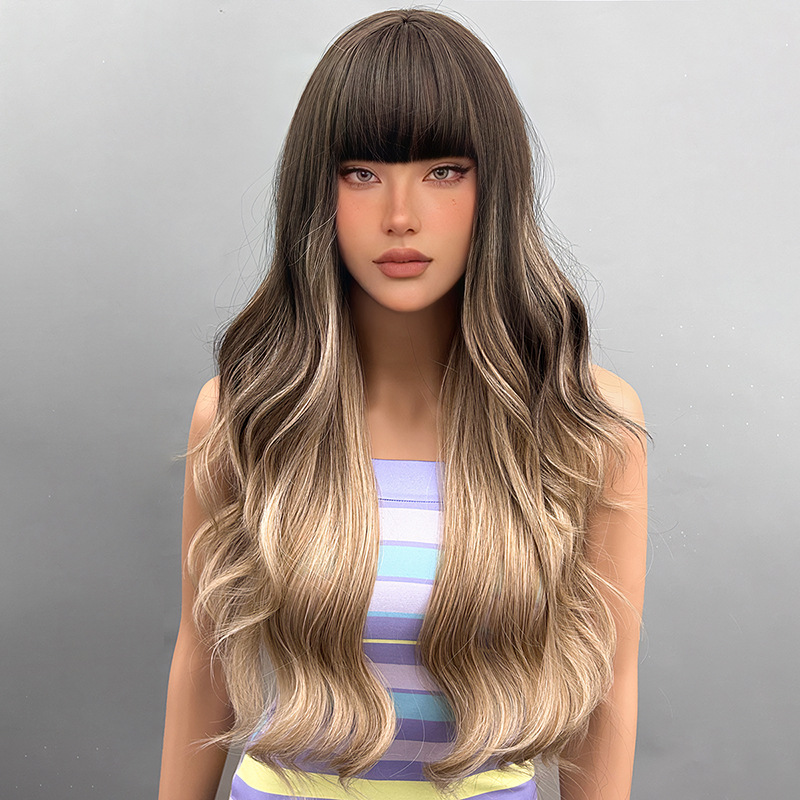 Wig full head long curly hair with slight water ripples