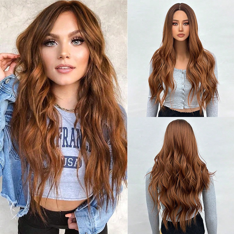 Wig full head long curly hair with slight water ripples