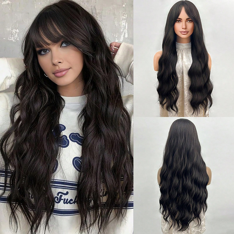 Wig full head long curly hair with slight water ripples