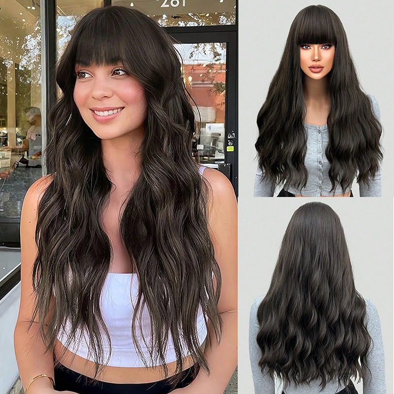 Wig full head long curly hair with slight water ripples