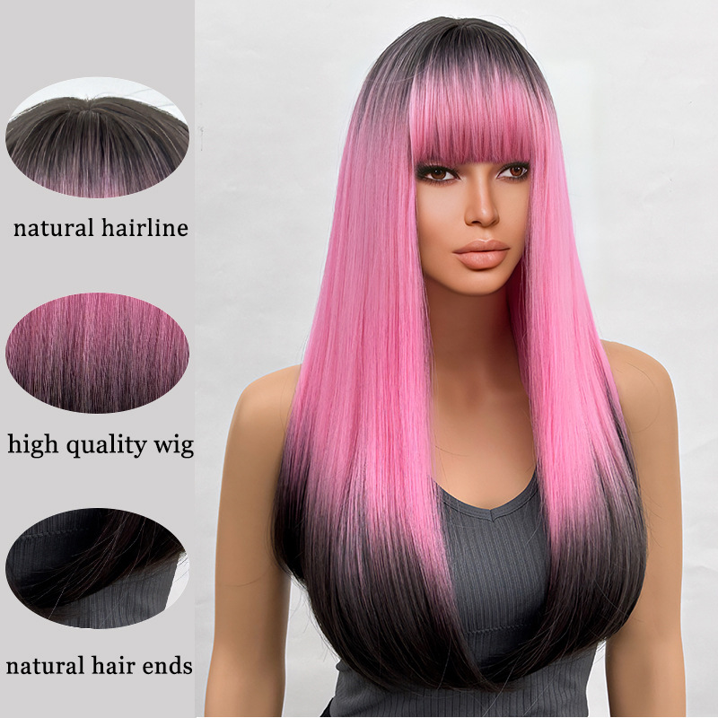 Wig full head loose straight hair gradient with bangs wig
