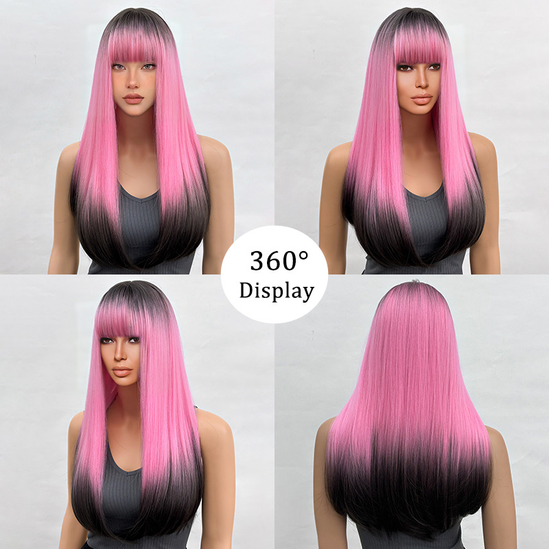 Wig full head loose straight hair gradient with bangs wig