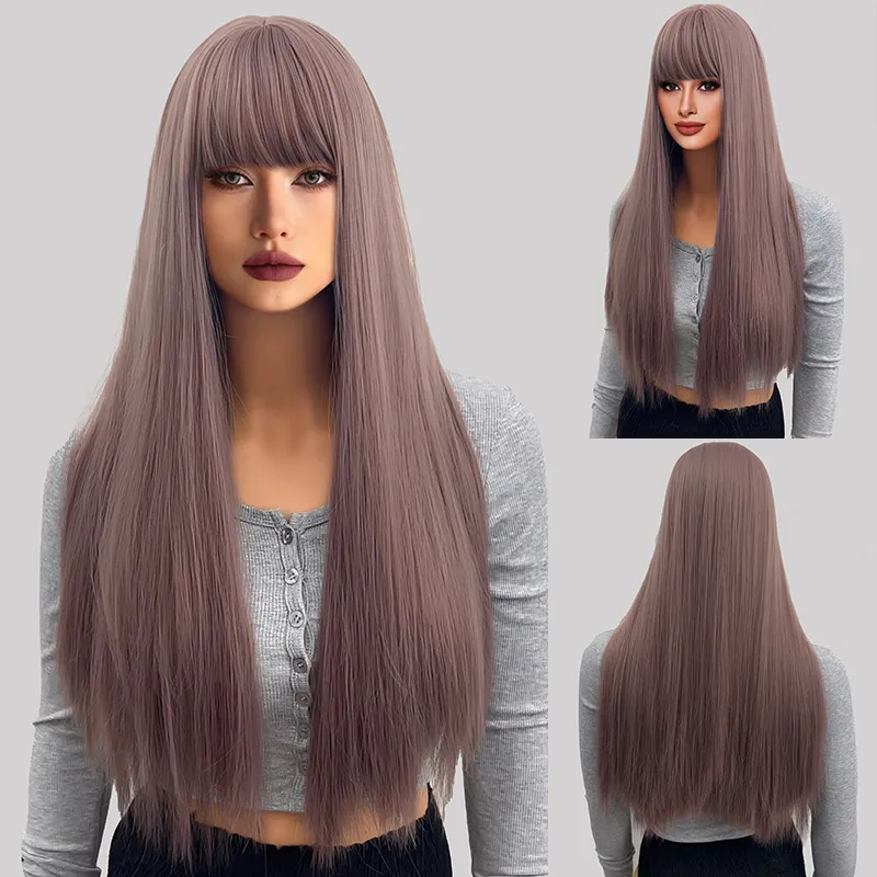 Wig full head loose straight hair gradient with bangs wig
