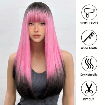 Wig full head loose straight hair gradient with bangs wig 02