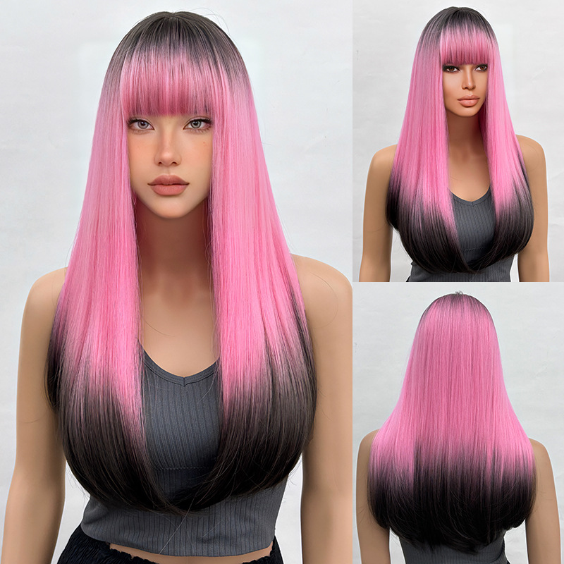 Wig full head loose straight hair gradient with bangs wig