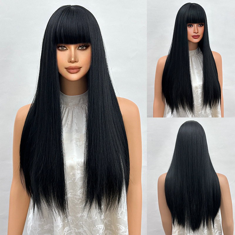 Wig full head loose straight hair gradient with bangs wig