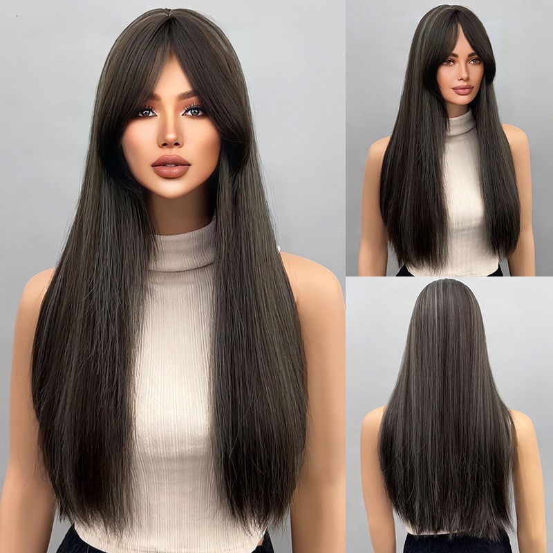 Wig full head loose straight hair gradient with bangs wig