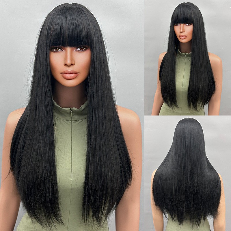 Wig full head loose straight hair gradient with bangs wig