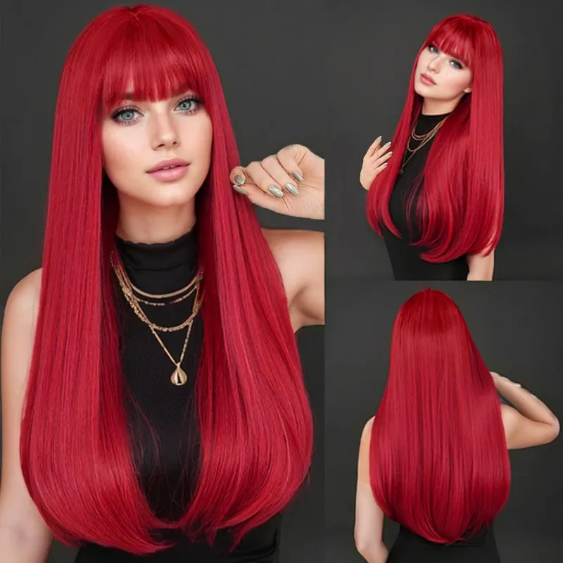 Wig natural black long straight hair