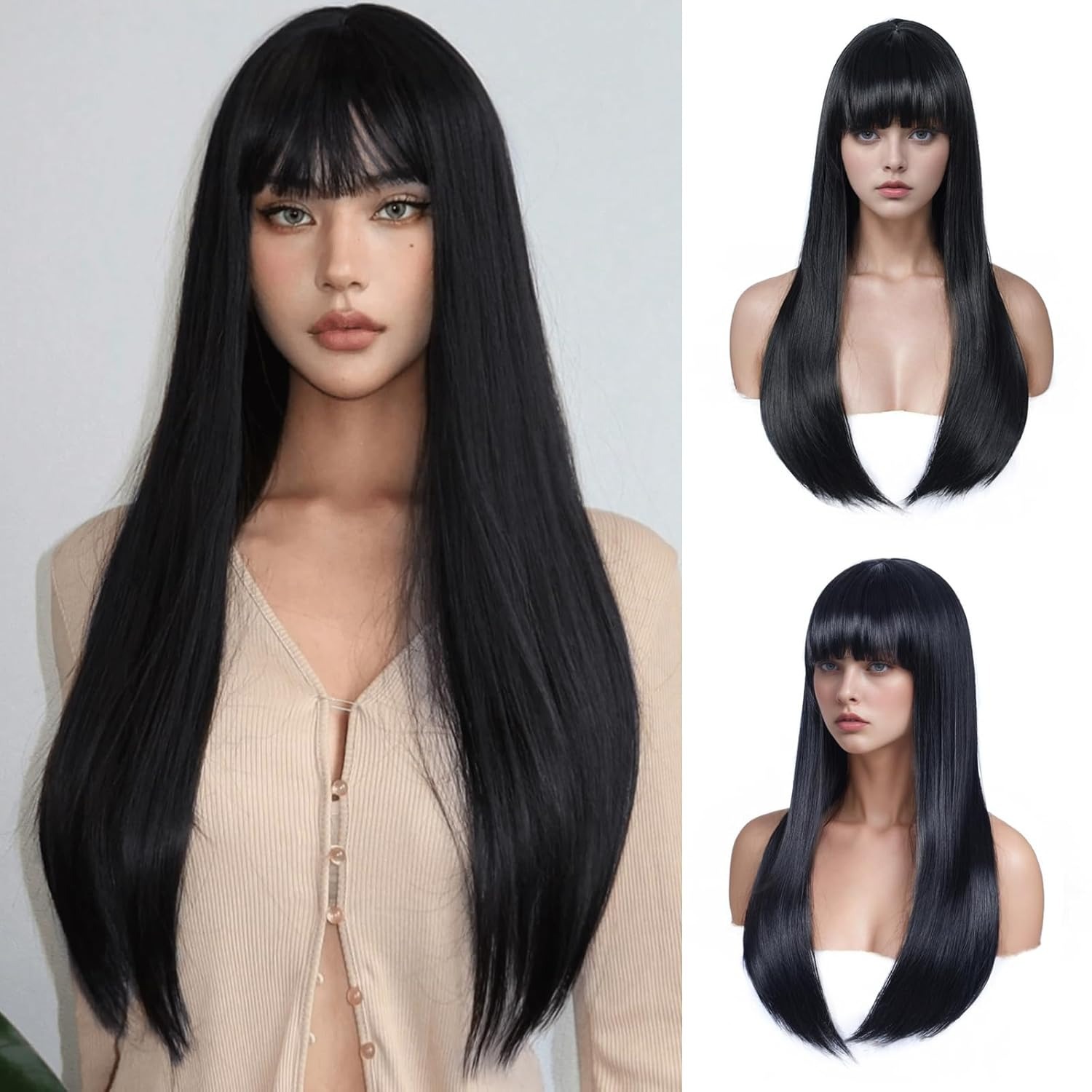 Wig natural black long straight hair