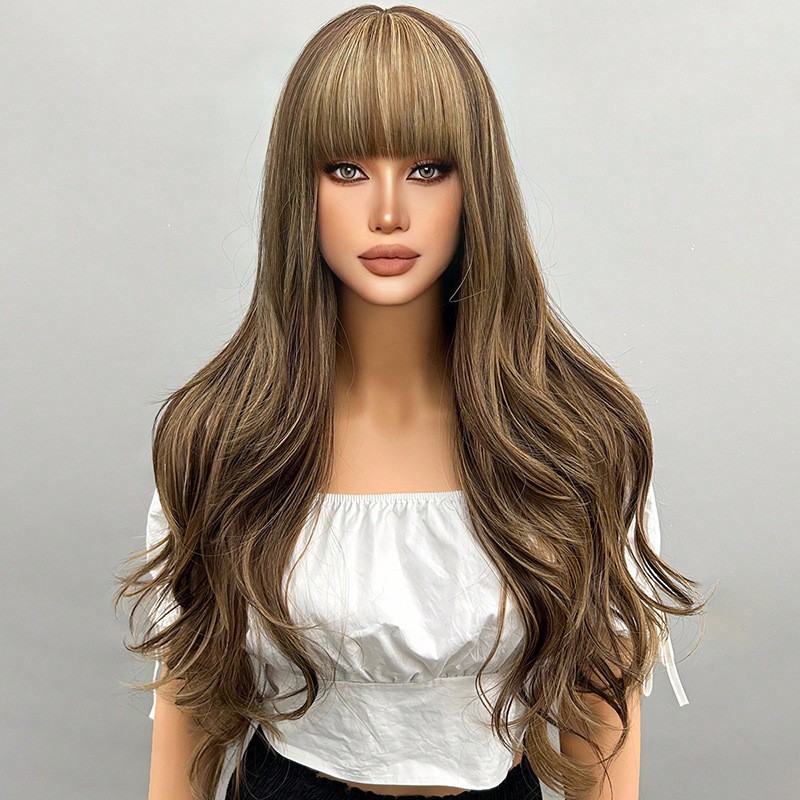 Wig with golden long curly hair naturally curled slightly