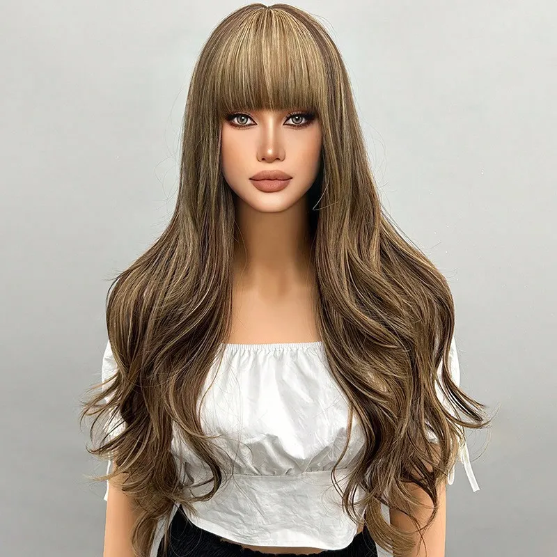 Wig with golden long curly hair naturally curled slightly