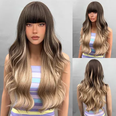 Wig with golden long curly hair naturally curled slightly 01